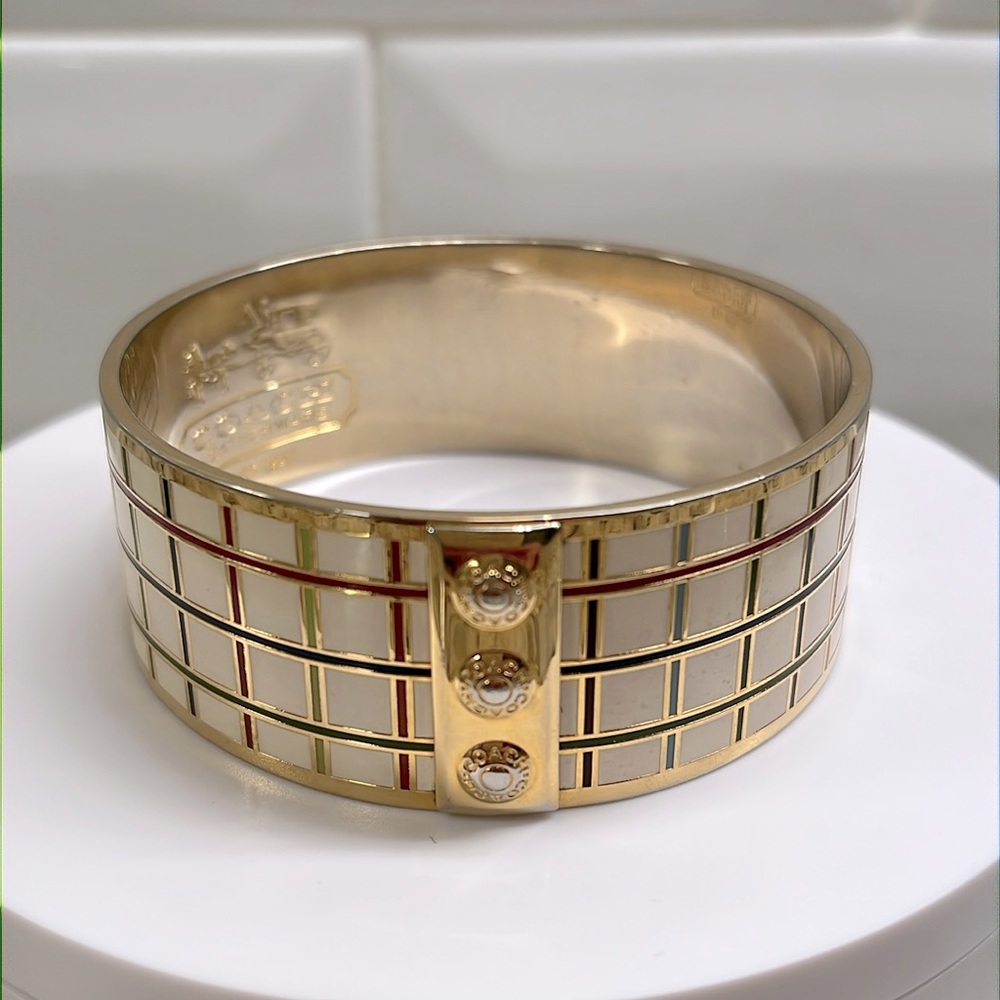 Coach Legacy Tattersall Enamel Goldtone Bangle Bracelet EUC